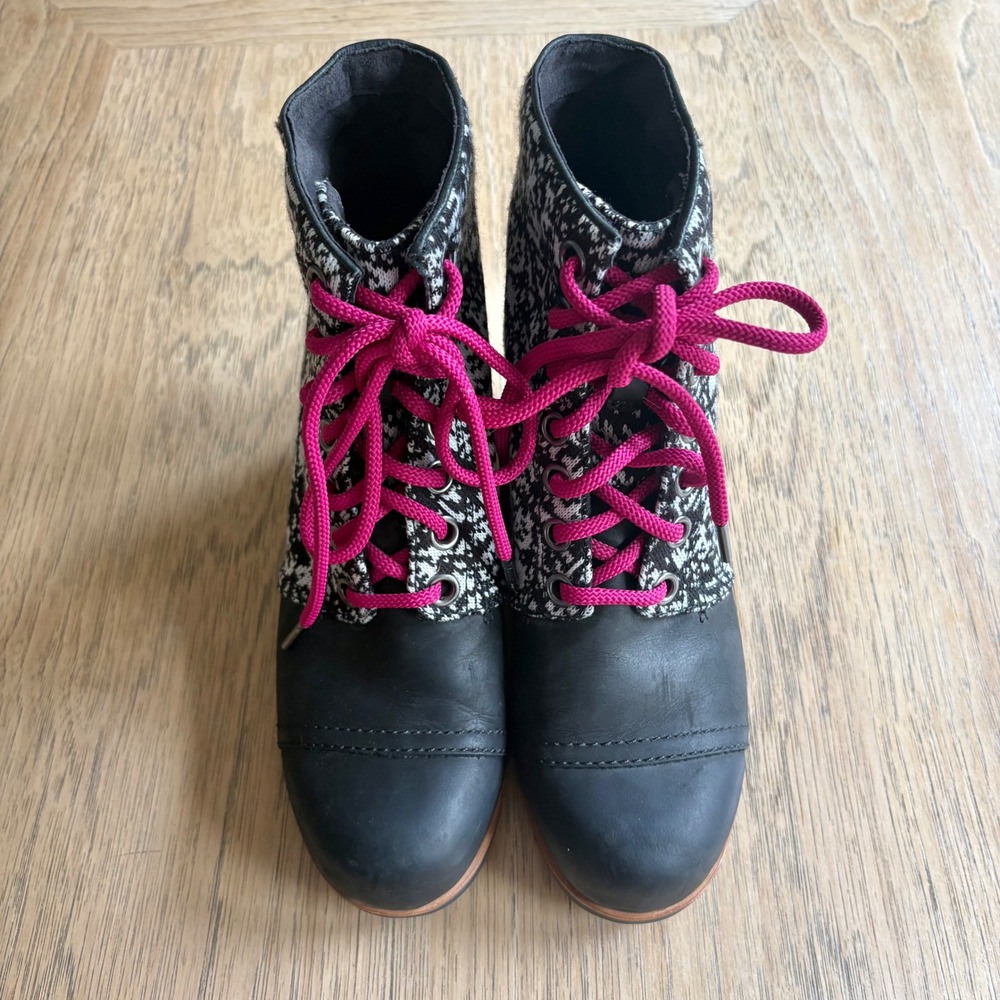 $160 SOREL Solar PDX Wedge Boots Wmns 10 Leather Black White Knit Hot Pink Laces - Picture 7 of 10